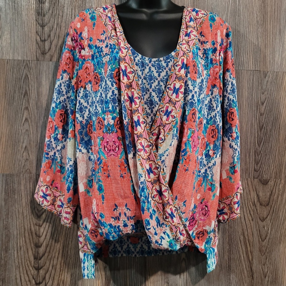 Tolani Faux Wrap Silk Blouse Sz M Multicolor Mixed Floral Print Boho Flowy Drape